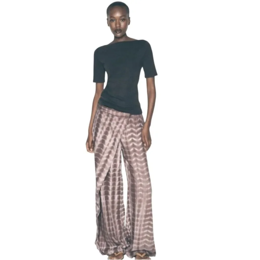 Zara Tie Dye Linen Blend Wrap Wide Leg Pants Trouser Womens Brown White Size L